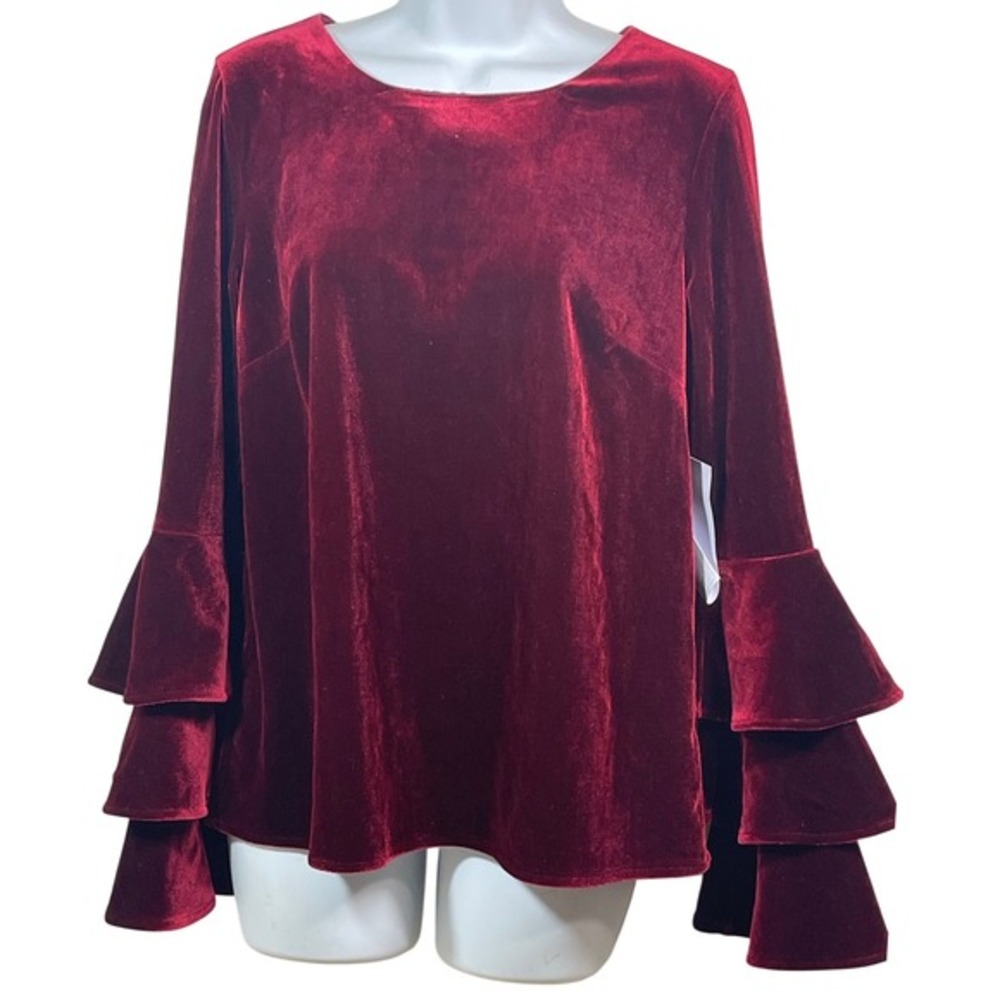 Sugar + Lip2 Burgundy Velvet Tiered‎ Ruffle Bell Sleeve Blouse Top S fire fairy